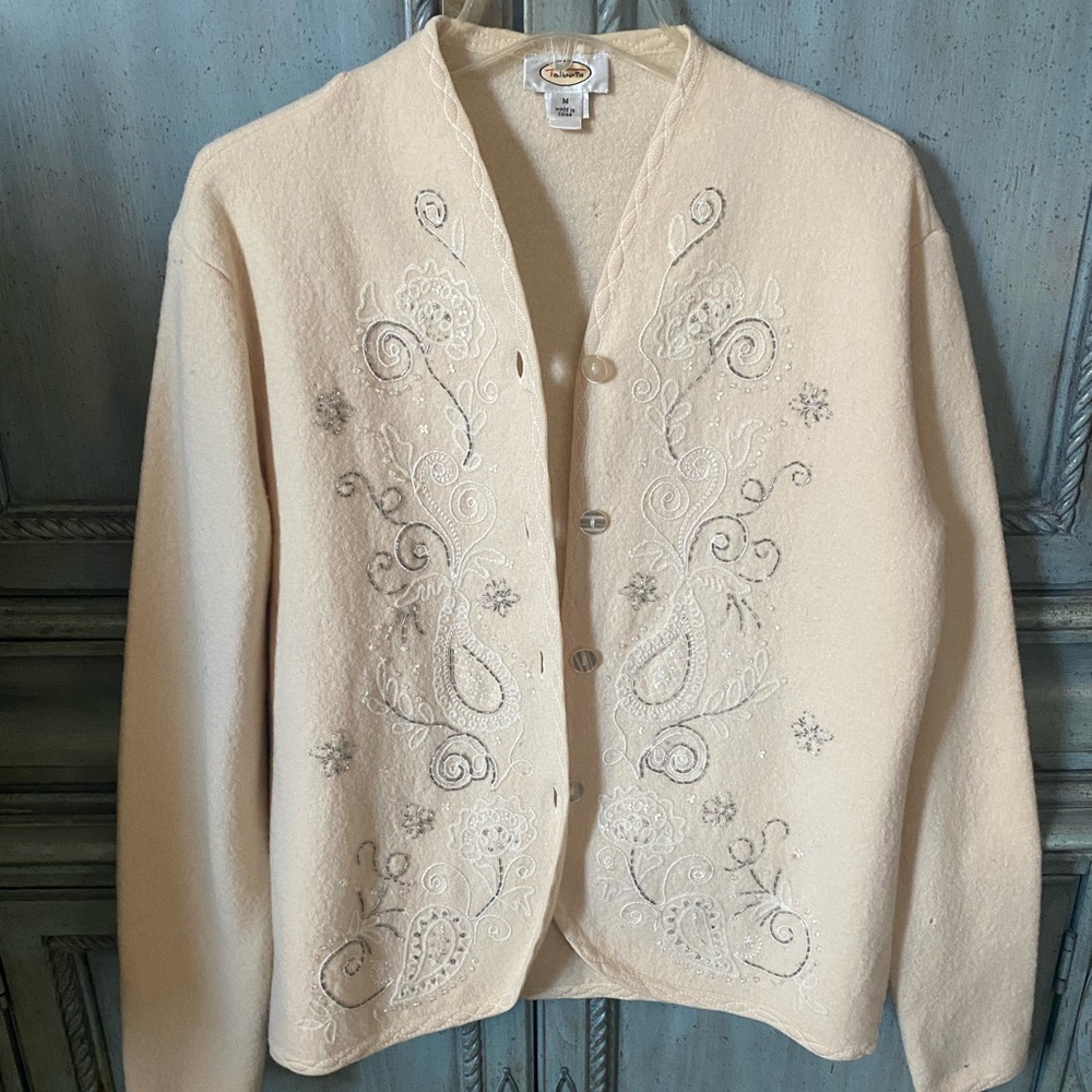 Talbots Cream 100% Marino Wool Sweater with Sequins, Glitter and Tiny Pearls - Picture 2 of 9